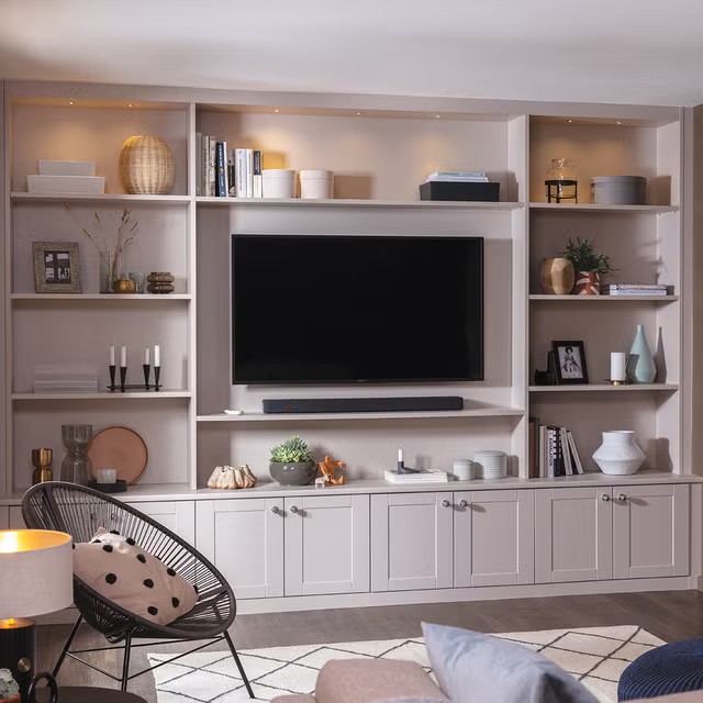 The Chelsea — bespoke fitted media wall with integrated shelving and lower cabinetry