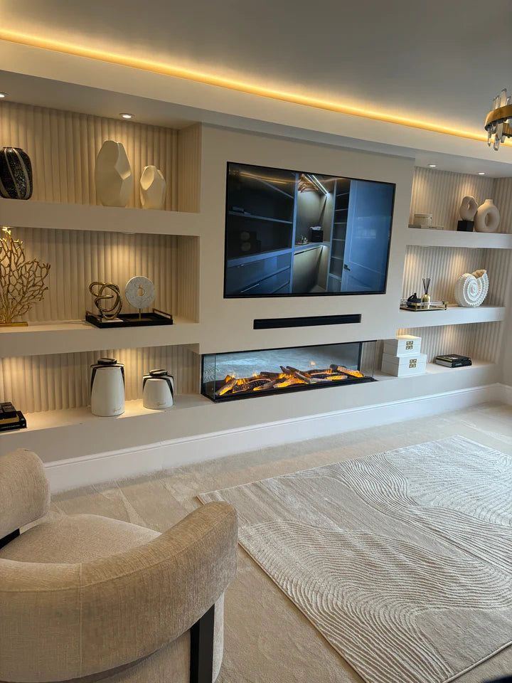 Full-height media wall with fluted display shelving and a three-sided inset electric fire