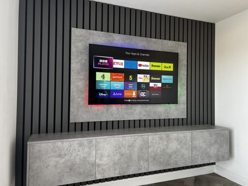 The Deco — bespoke vertical slat panel media wall for contemporary interiors