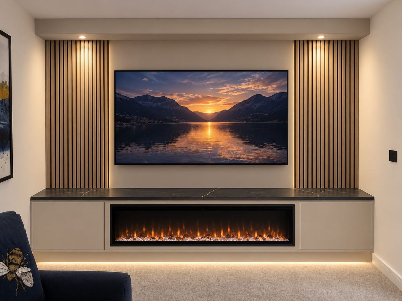 Media wall with vertical slat panelling either side of the TV and a linear inset electric fire