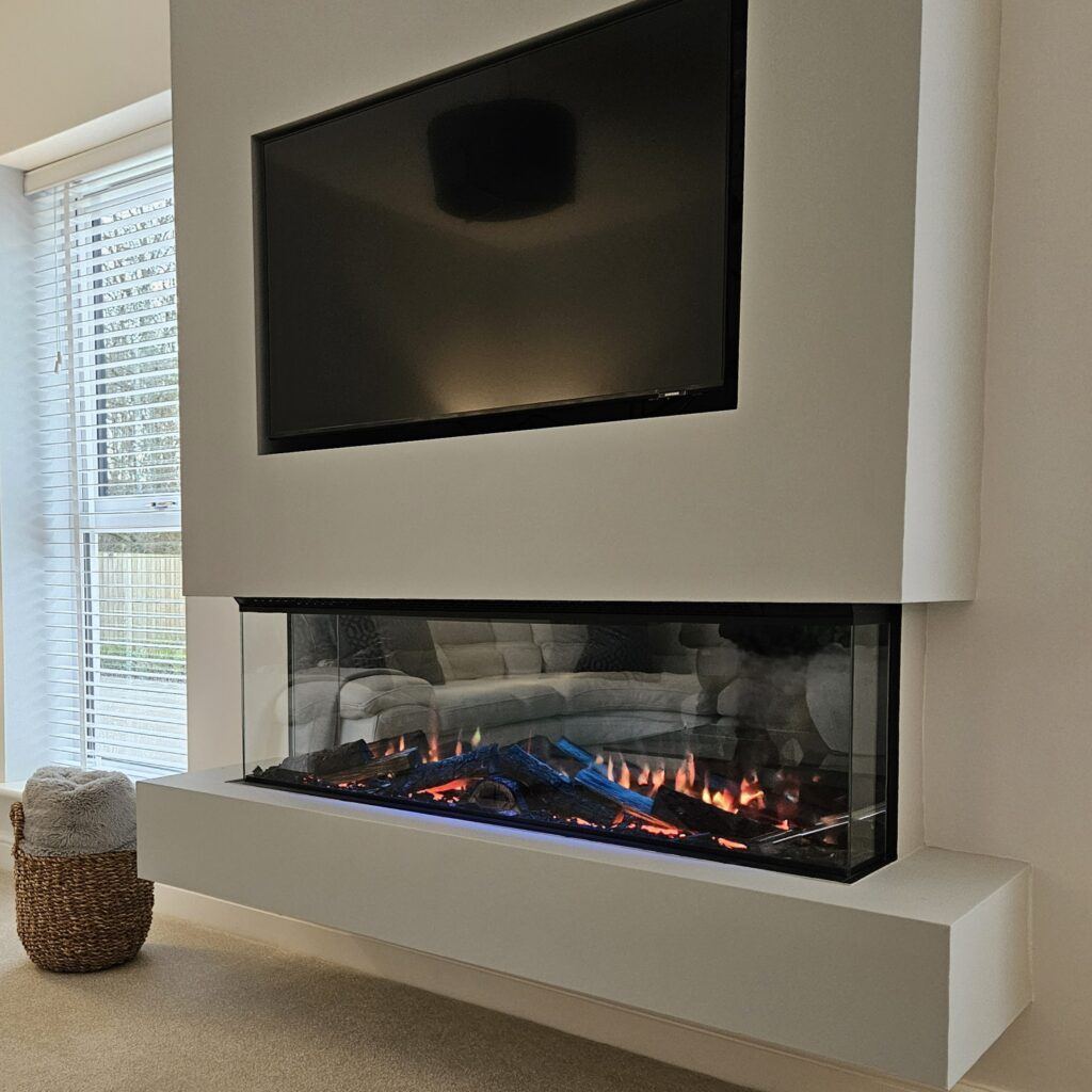 The Obsidian — minimalist bespoke media wall with inset fireplace and AV integration